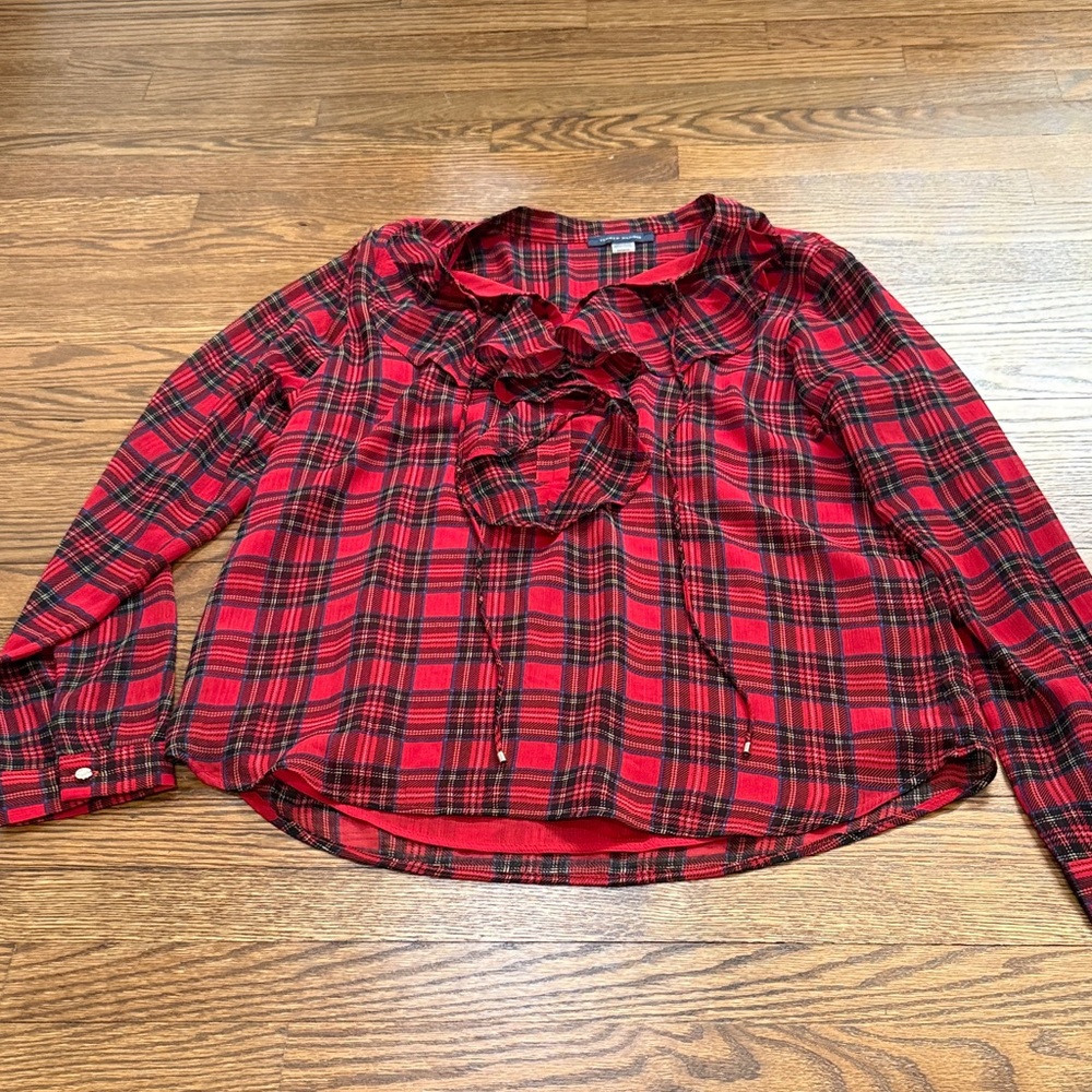 Tommy Hilfiger Red Plaid Ruffle-Neck Long Sleeve Top Size Medium